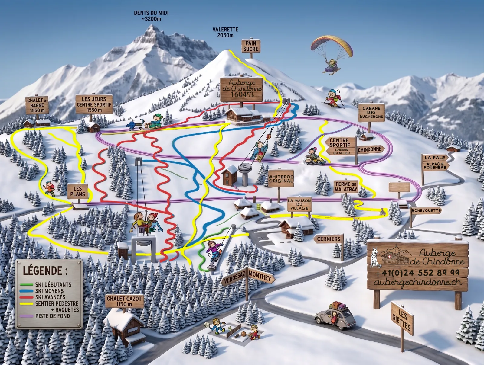 Carte du domaine hivernal des Giettes et de l'Auberge de Chindonne